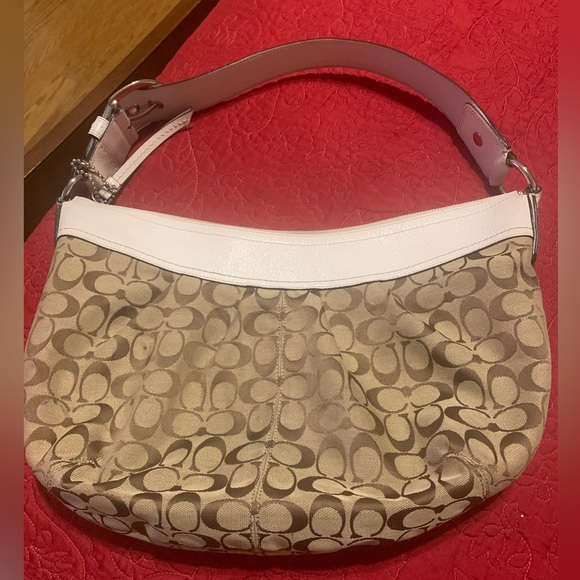 Coach Logo CC Monogram Luxury Handbag Tan White Shoulder Bag Hobo Style PreOwned - Picture 6 of 8